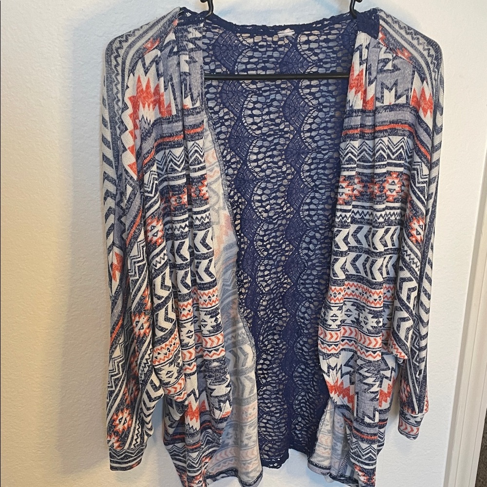 Navy Crochet Back Open-Front Cardigan with Aztec Print